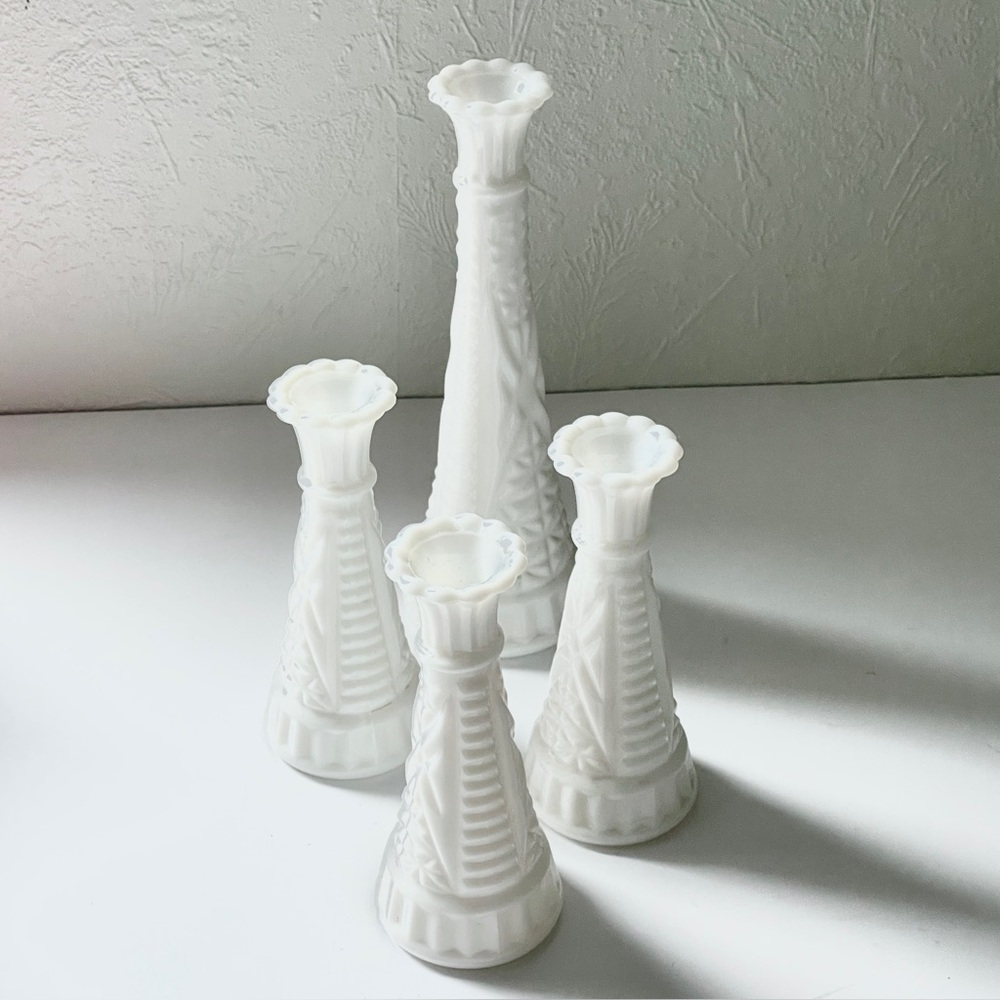 Vintage Milk Glass Bud Vases Set Four Fluted Pattern Anchor Hocking Cottagecore